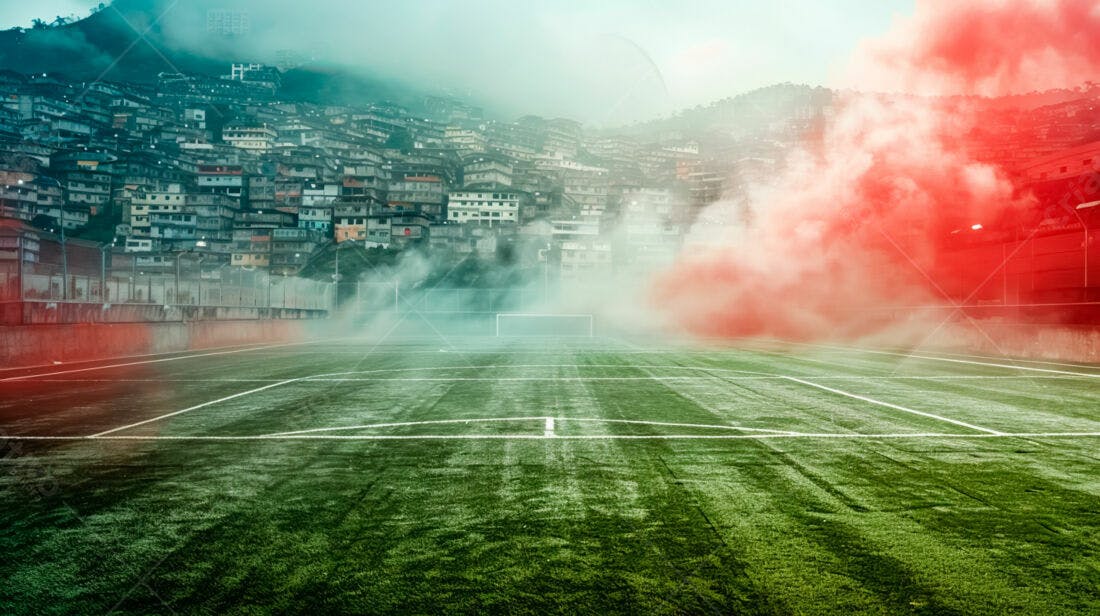 Campo de futebol com fumaça vermelha e favela ao fundo