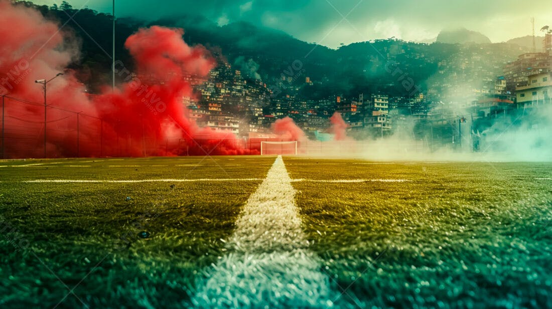 Campo de futebol com fumaça vermelha