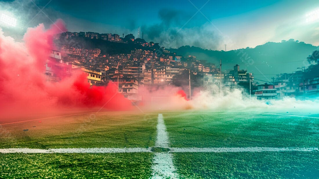 Campo de futebol com fumaça vermelha e verde