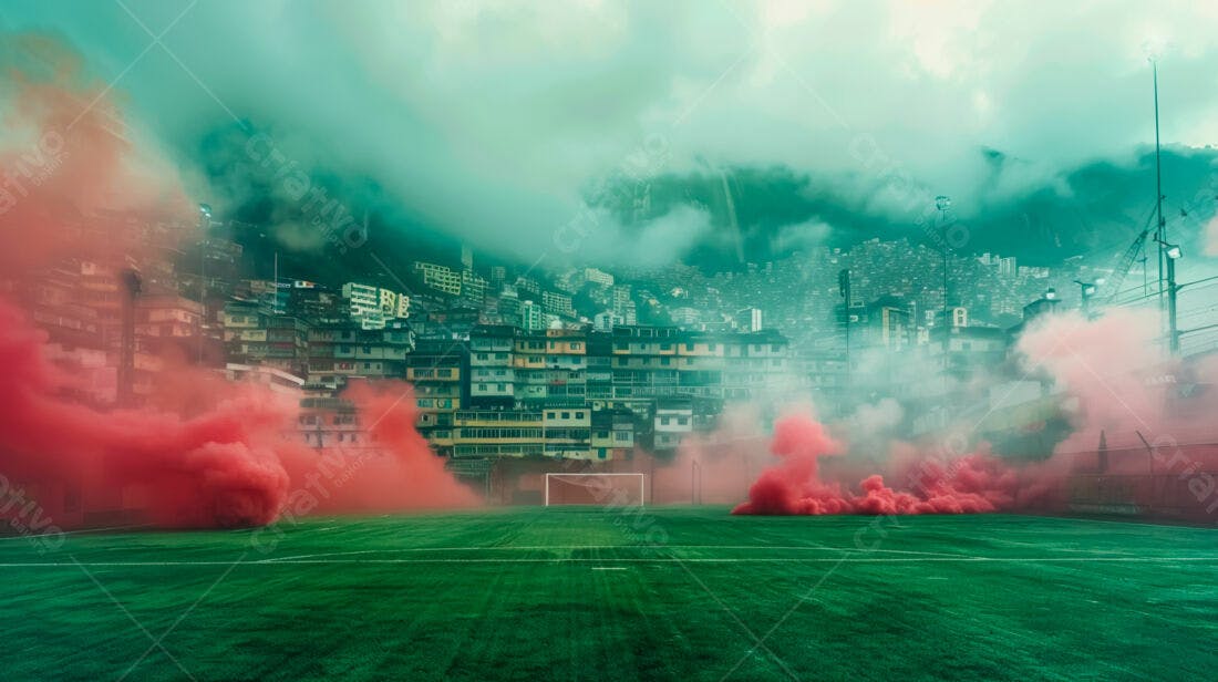 Campo de futebol com fumaça vermelha e cidade ao fundo