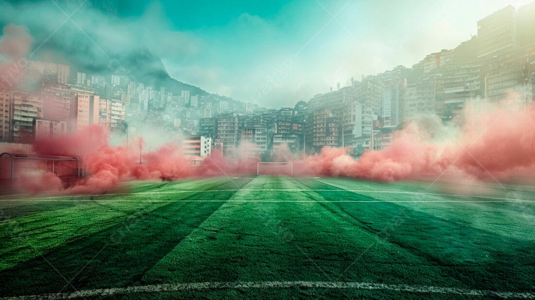 Campo de futebol com fumaça rosa e cidade ao fundo
