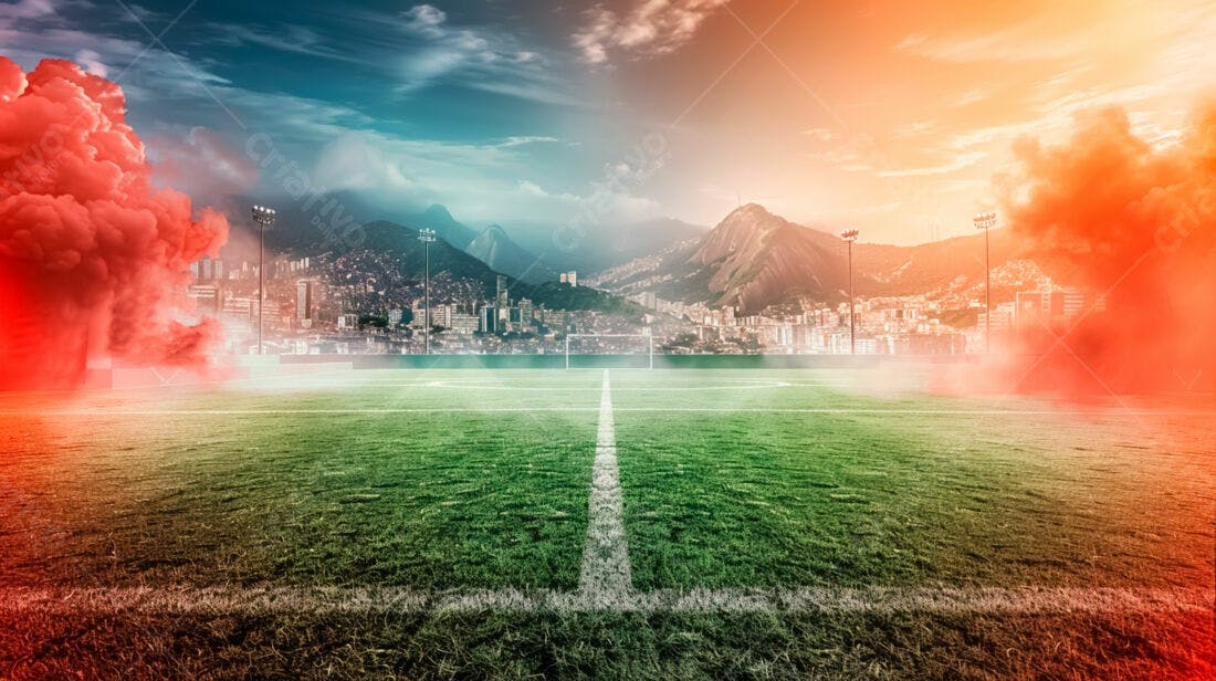 Campo de futebol com fumaça colorida e cidade ao fundo