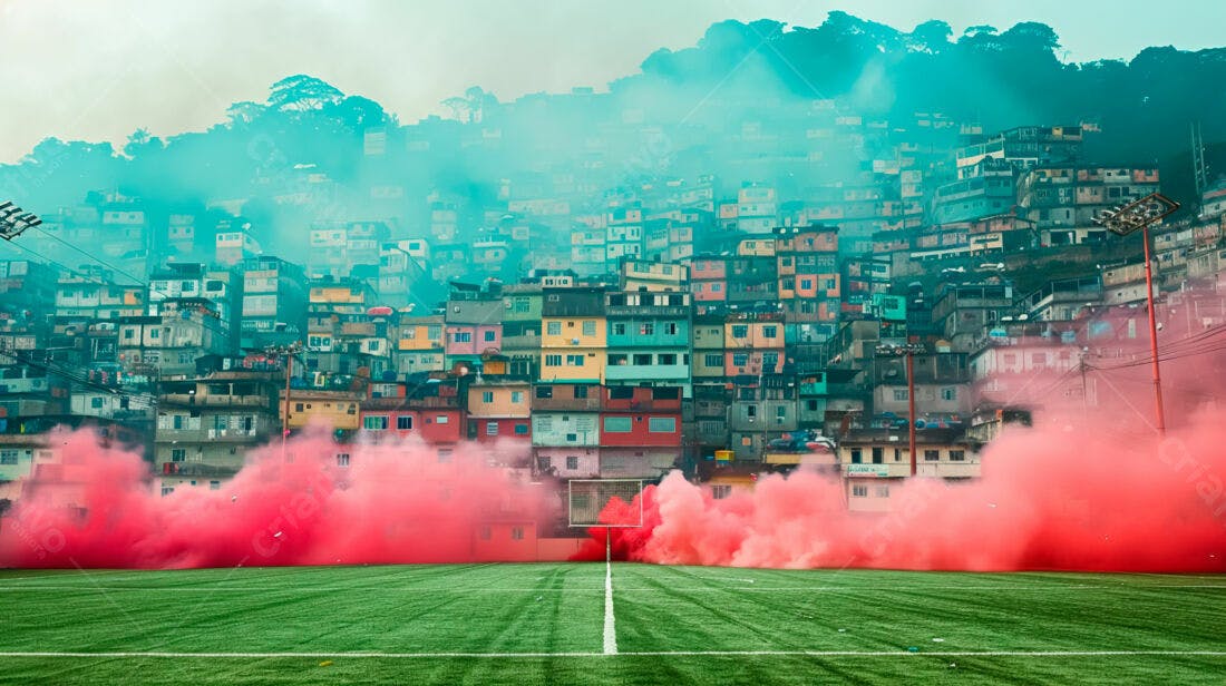 Campo de futebol com fumaça vermelha e favela ao fundo