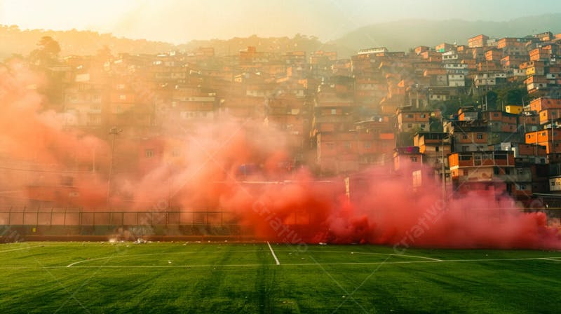 Imagem de fundo campo de futebol na favela com fumaça vermelha 25