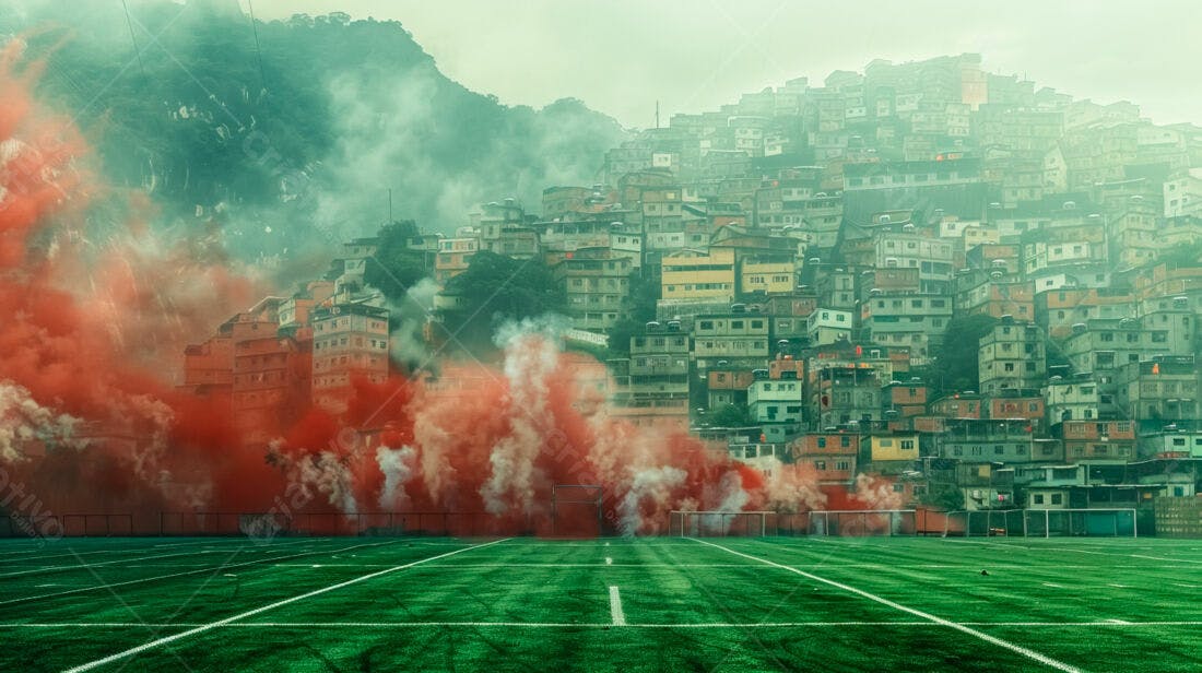 Fumaça vermelha em campo de futebol favela