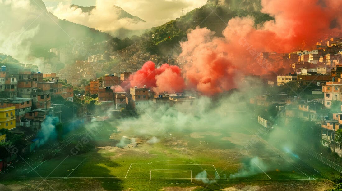 Favelas brasileiras com fumaça vermelha e verde