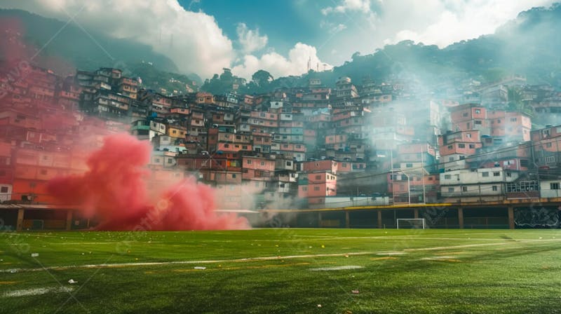 Imagem de fundo campo de futebol na favela com fumaça vermelha 28