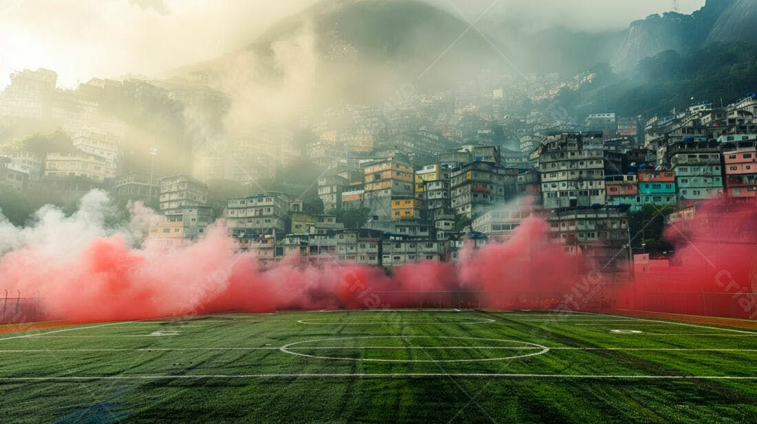 Campo de futebol com fumaça vermelha favela