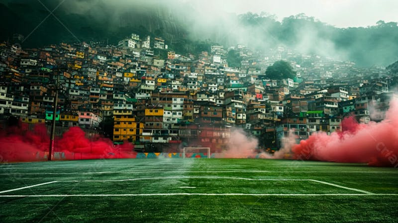 Imagem de fundo campo de futebol na favela com fumaça vermelha 30