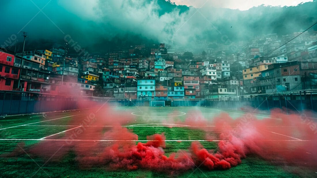 Campo de futebol com fumaça vermelha favela ao fundo