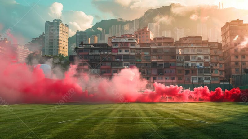 Imagem de fundo campo de futebol na favela com fumaça vermelha 32