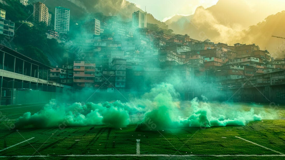 Fumaça verde em campo de futebol favela