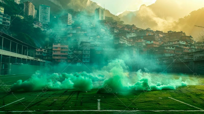 Imagem de fundo campo de futebol na favela com fumaça verde 1