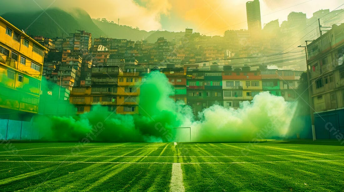 Campo de futebol com fumaça verde favela