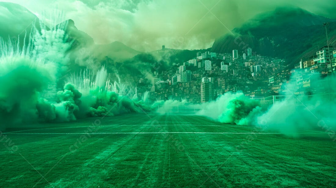 Campo de futebol com fumaça verde e cidade ao fundo