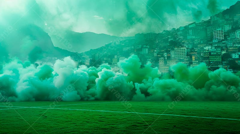 Imagem de fundo campo de futebol na favela com fumaça verde 4