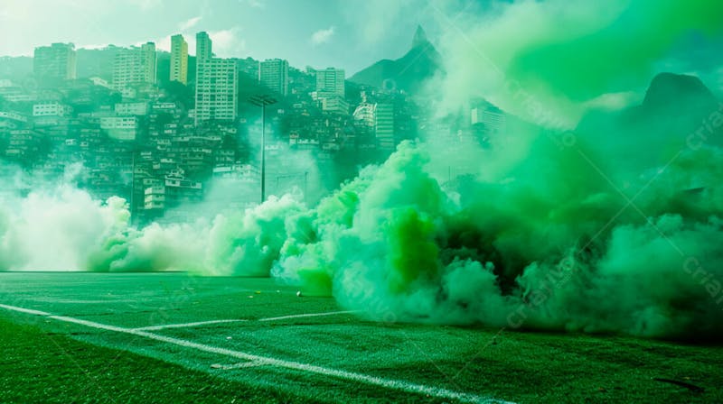 Imagem de fundo campo de futebol na favela com fumaça verde 5