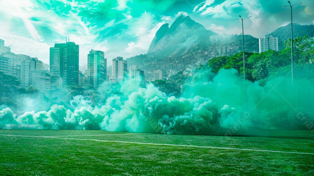 Campo de futebol com fumaça verde e cidade ao fundo