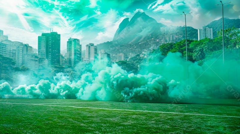 Imagem de fundo campo de futebol na favela com fumaça verde 6