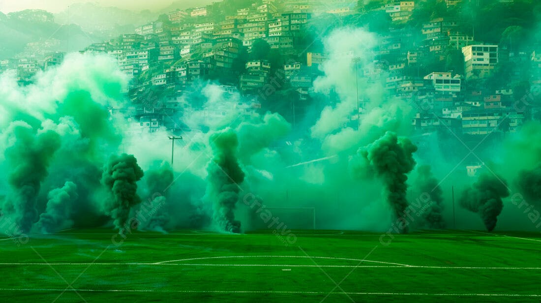 Fumaça verde em campo de futebol perto de favela