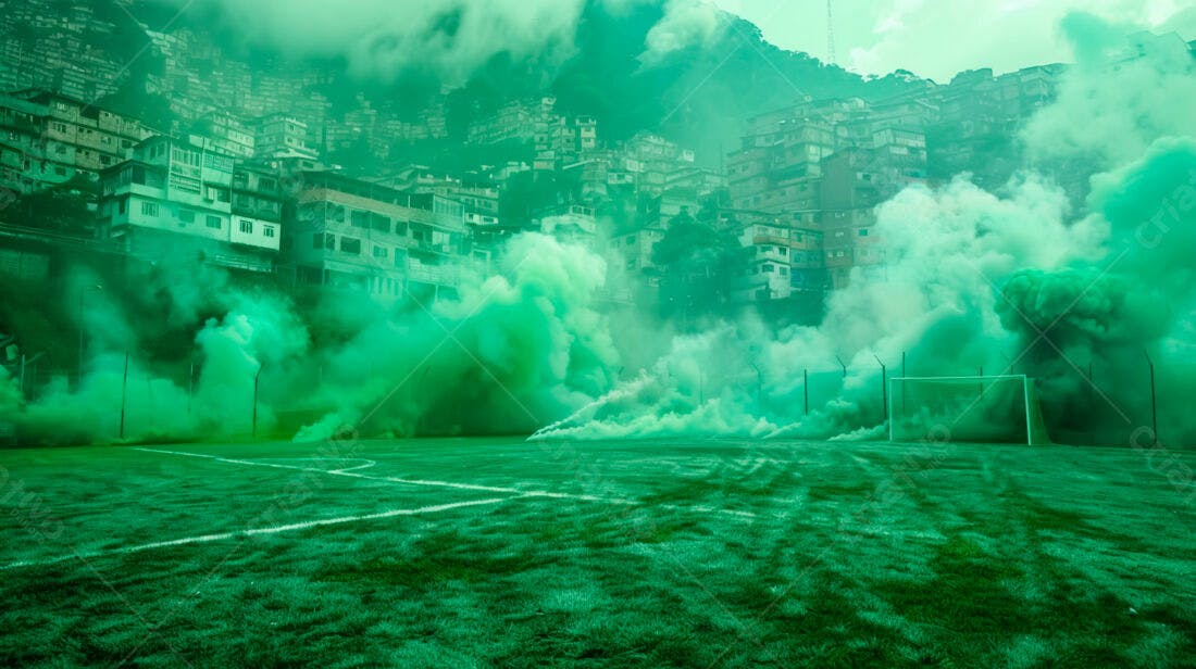 Campo de futebol com fumaça verde e favela ao fundo