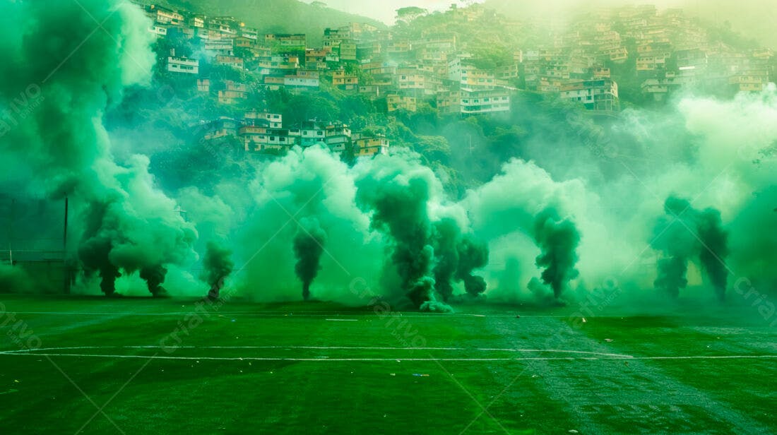 Fumaça verde em campo gramado perto de favela
