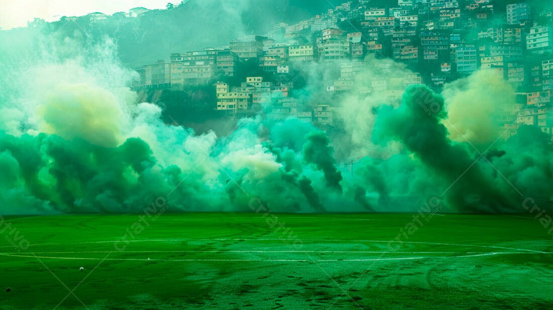 Campo de futebol com fumaça verde