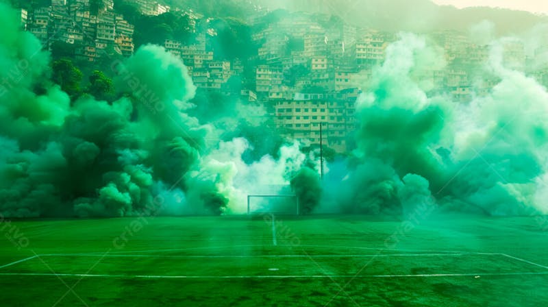 Imagem de fundo campo de futebol na favela com fumaça verde 12