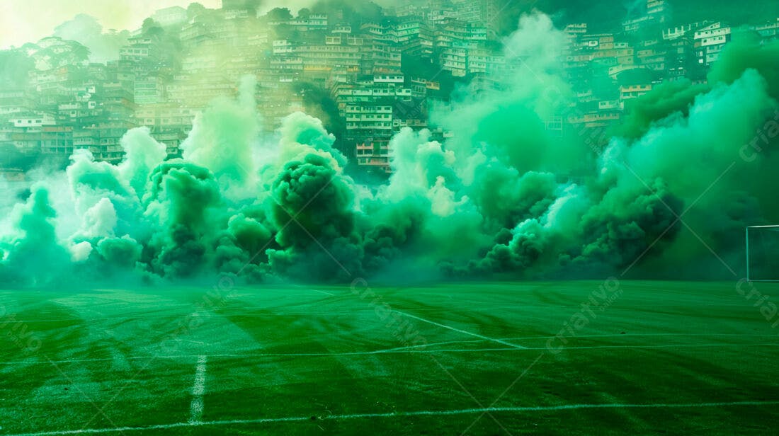 Fumaça verde em campo de futebol