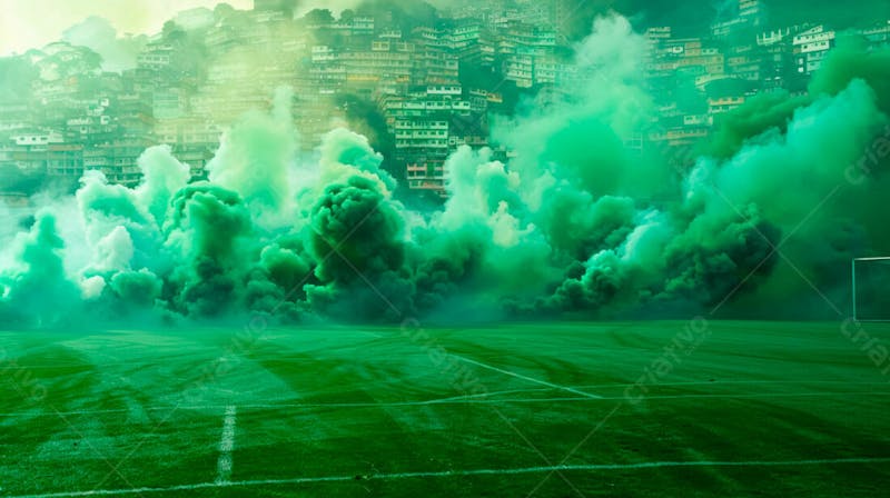 Imagem de fundo campo de futebol na favela com fumaça verde 11