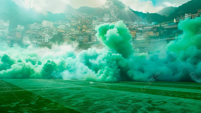 Imagem de fundo campo de futebol na favela com fumaça verde 13