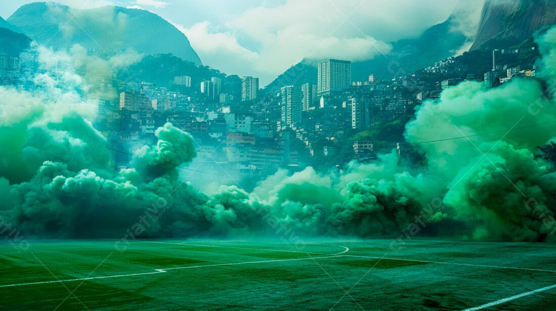 Fumaça verde em campo de futebol com favela ao fundo