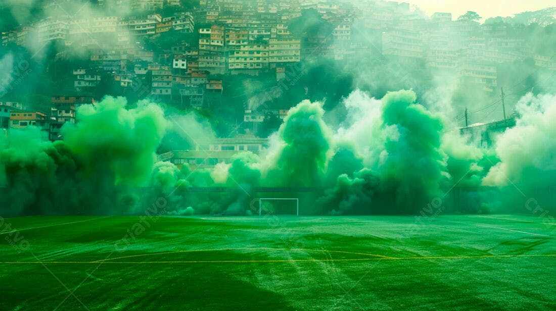 Campo de futebol com fumaça verde