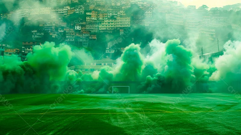 Imagem de fundo campo de futebol na favela com fumaça verde 15