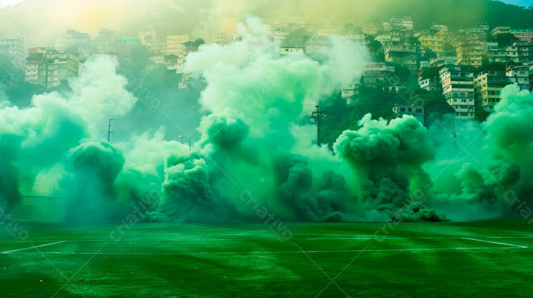 Nuvem verde de fumaça sobre campo de futebol