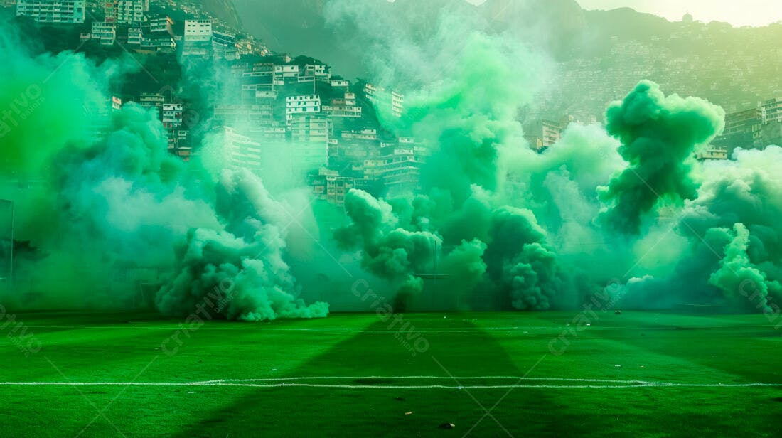 Explosão de fumaça verde em campo de futebol