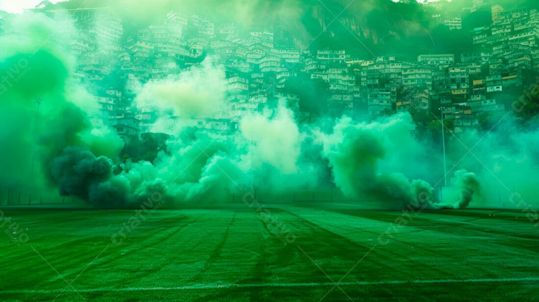 Fumaça verde em campo de futebol perto de favela