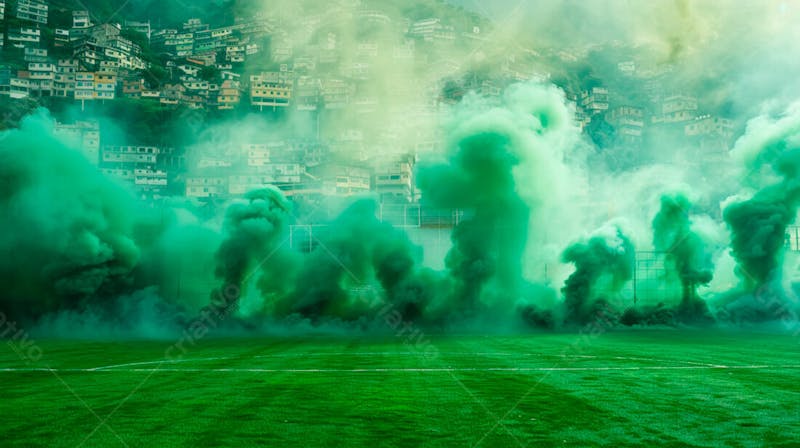 Imagem de fundo campo de futebol na favela com fumaça verde 19