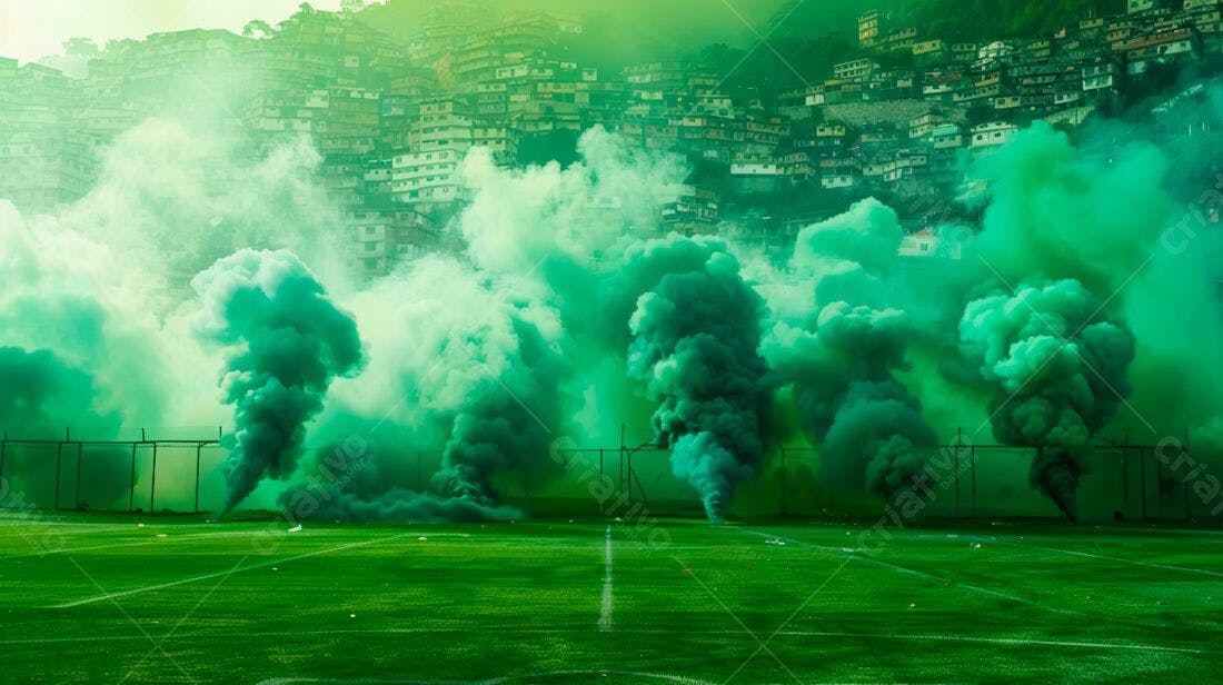 Nuvem verde de fumaça em campo de futebol