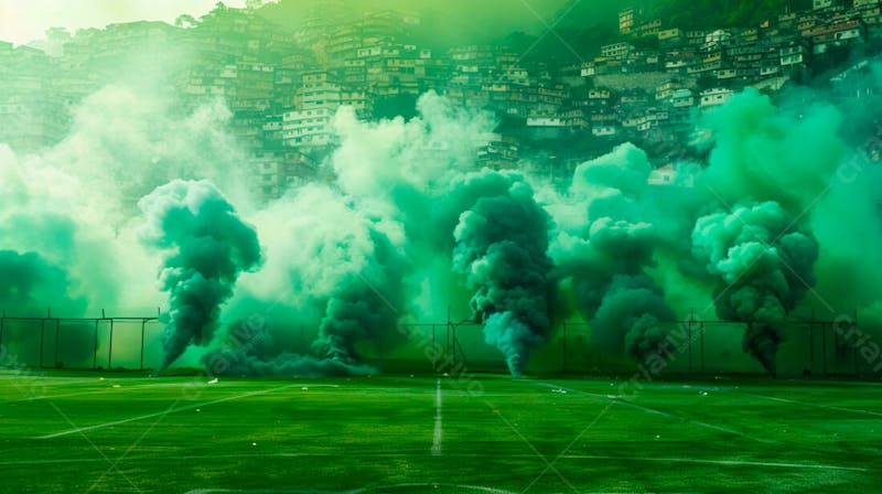 Imagem de fundo campo de futebol na favela com fumaça verde 20