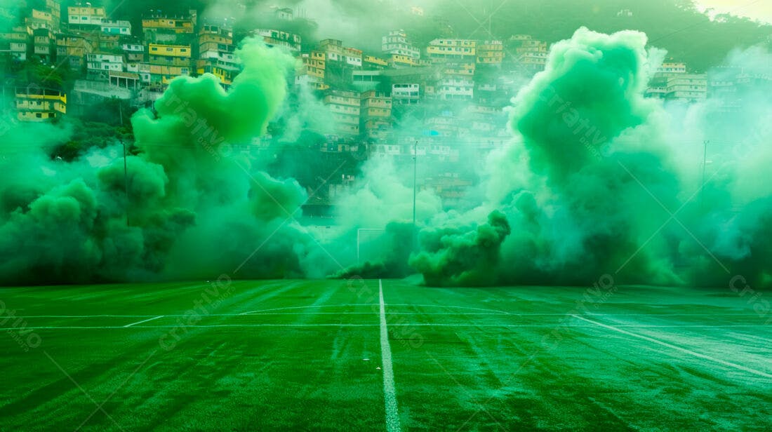 Nuvem verde de fumaça em campo de futebol
