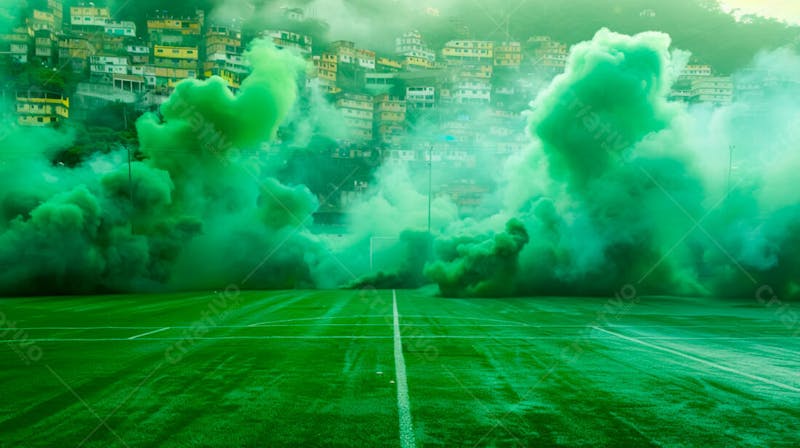 Imagem de fundo campo de futebol na favela com fumaça verde 21
