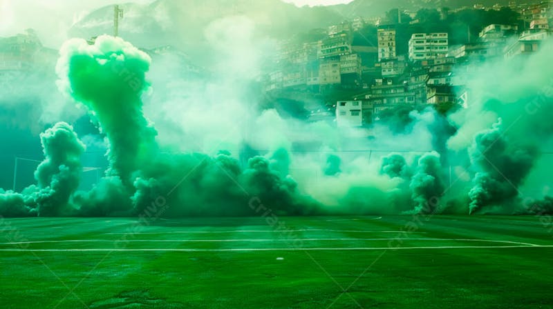 Imagem de fundo campo de futebol na favela com fumaça verde 22
