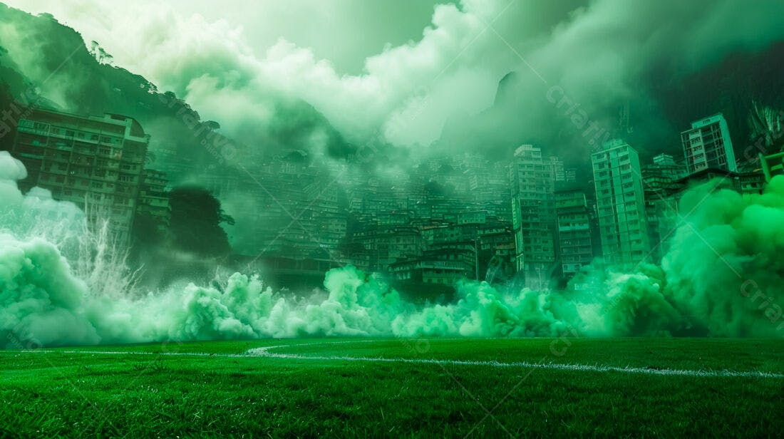 Campo de futebol com fumaça verde e cidade ao fundo
