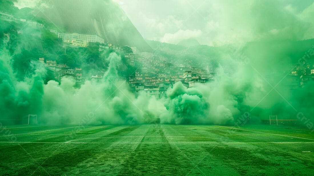 Campo de futebol com fumaça verde e favela ao fundo