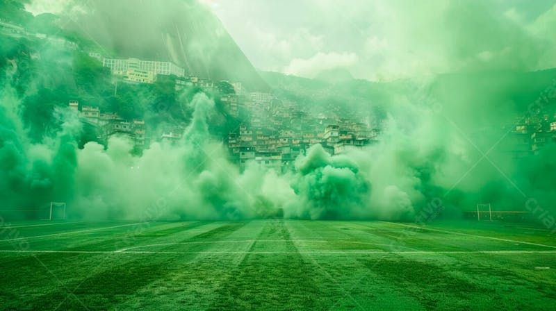 Imagem de fundo campo de futebol na favela com fumaça verde 24