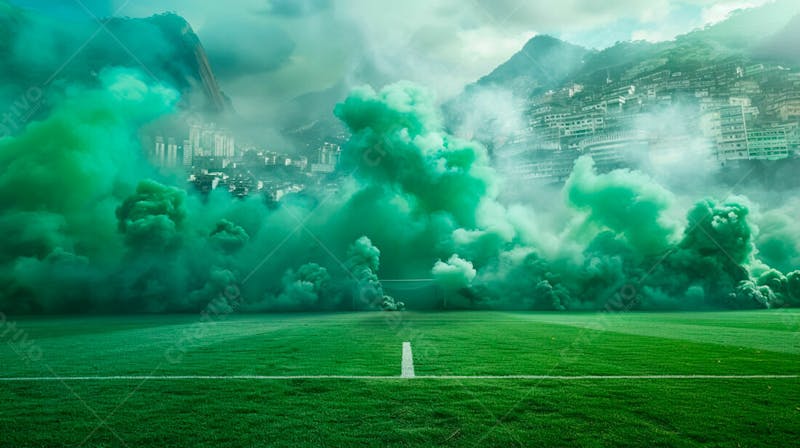 Imagem de fundo campo de futebol na favela com fumaça verde 25