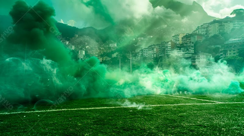 Imagem de fundo campo de futebol na favela com fumaça verde 26