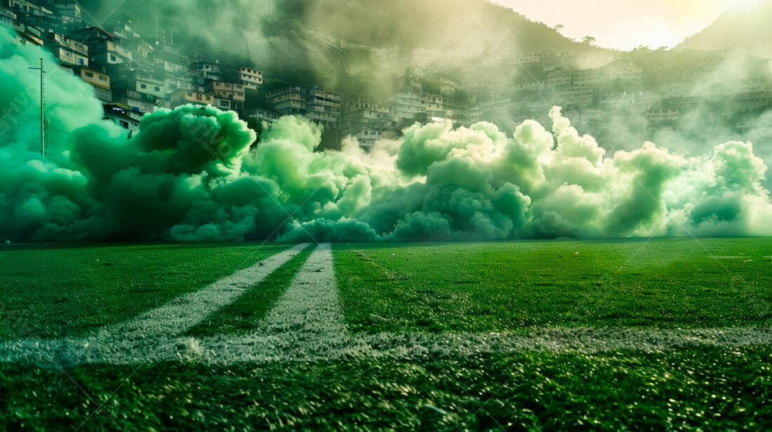 Campo de futebol com fumaça verde intensa