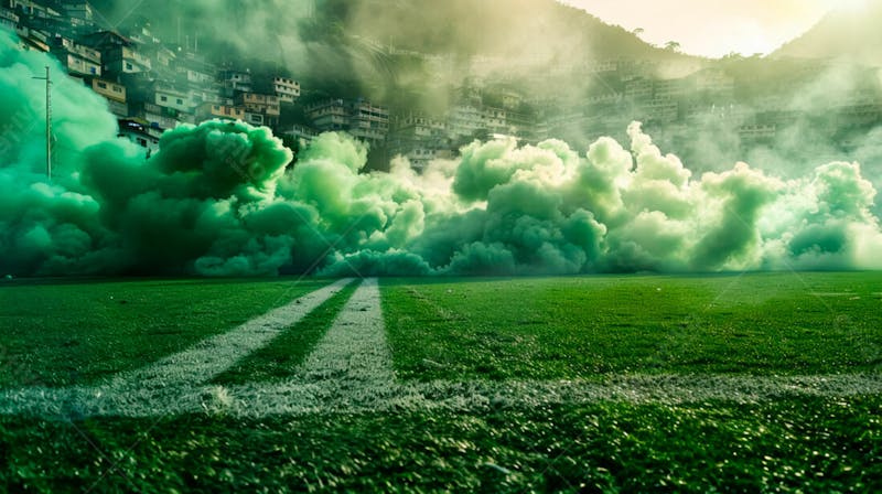 Imagem de fundo campo de futebol na favela com fumaça verde 27